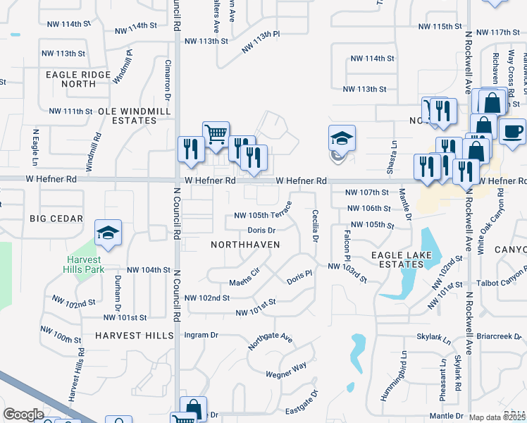 map of restaurants, bars, coffee shops, grocery stores, and more near 7721 Northwest 105th Terrace in Oklahoma City