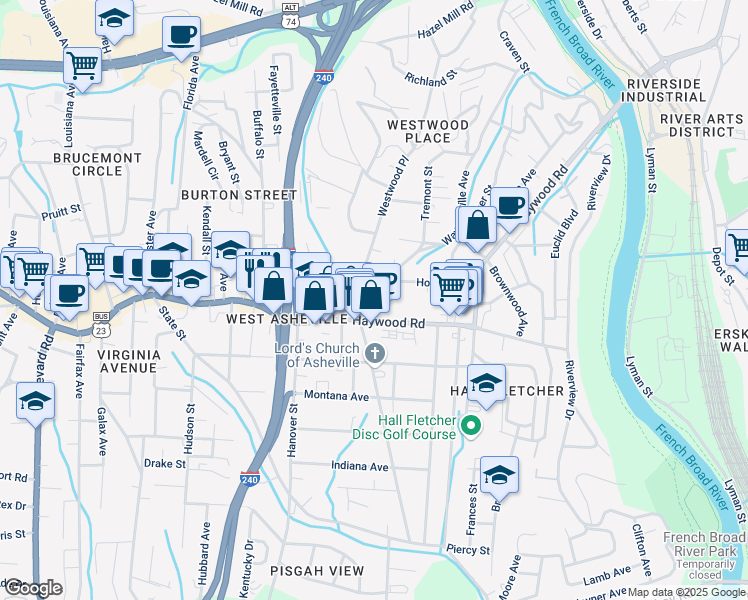 map of restaurants, bars, coffee shops, grocery stores, and more near 305 Waynesville Avenue in Asheville