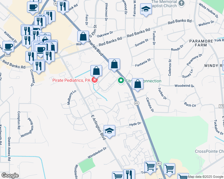 map of restaurants, bars, coffee shops, grocery stores, and more near 132 Oakmont Drive in Greenville