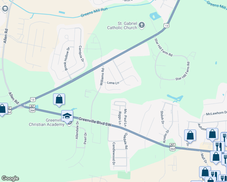 map of restaurants, bars, coffee shops, grocery stores, and more near 3156 Ruth Court in Greenville