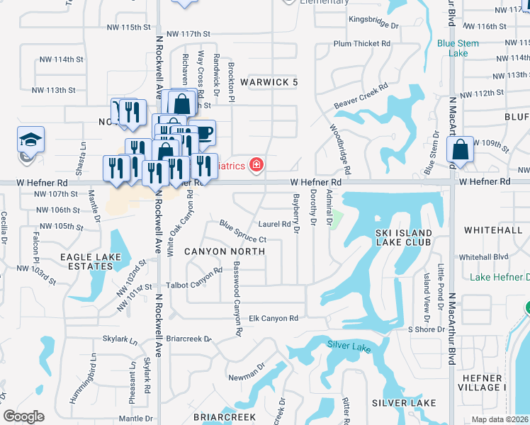 map of restaurants, bars, coffee shops, grocery stores, and more near 6636 Laurel Drive in Oklahoma City