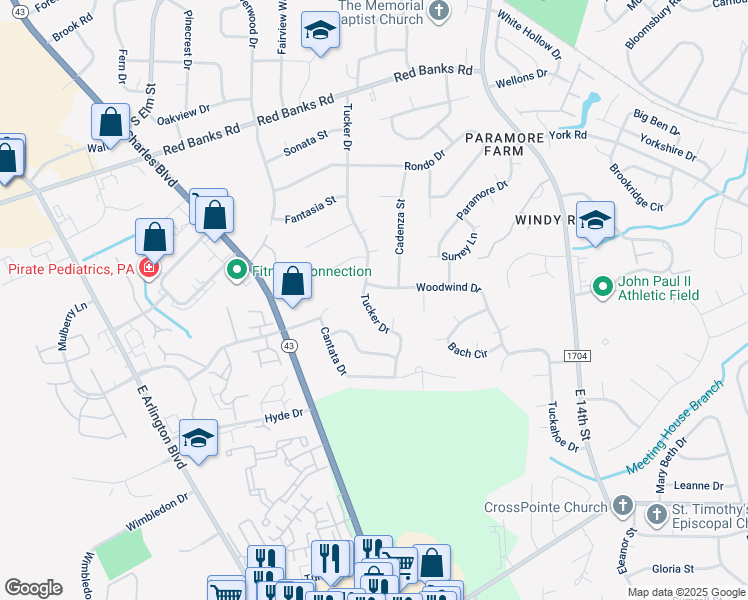 map of restaurants, bars, coffee shops, grocery stores, and more near 3703 Tucker Drive in Greenville
