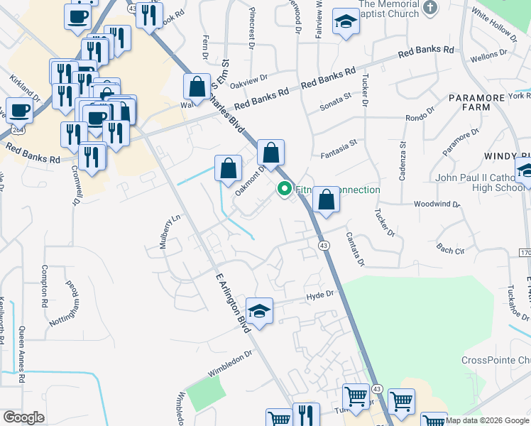 map of restaurants, bars, coffee shops, grocery stores, and more near 132 Oakmont Drive in Greenville
