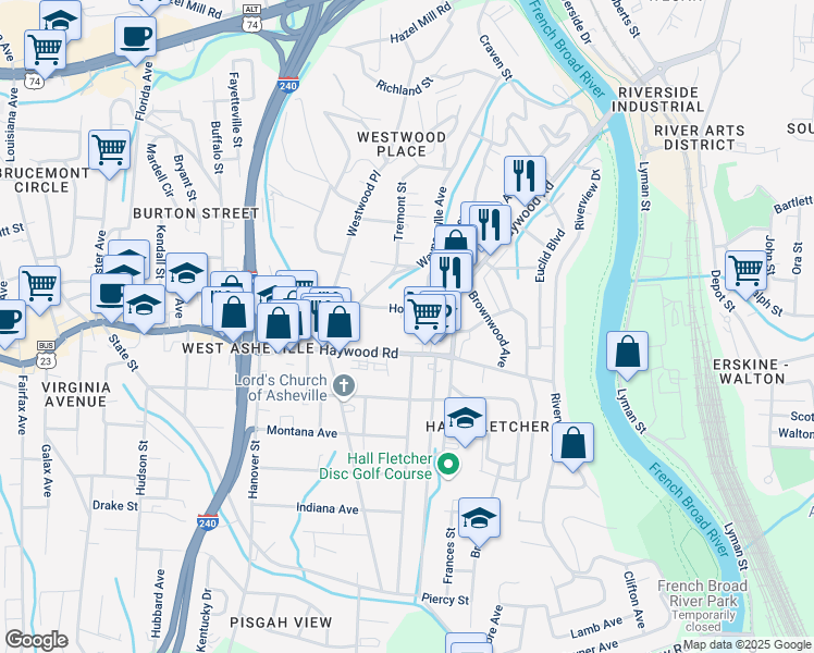 map of restaurants, bars, coffee shops, grocery stores, and more near 14 Da Vinci Court in Asheville