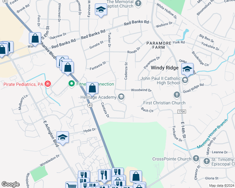 map of restaurants, bars, coffee shops, grocery stores, and more near 3703 Tucker Drive in Greenville