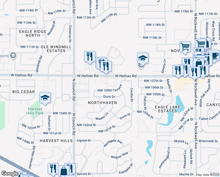 map of restaurants, bars, coffee shops, grocery stores, and more near 7721 Northwest 105th Terrace in Oklahoma City