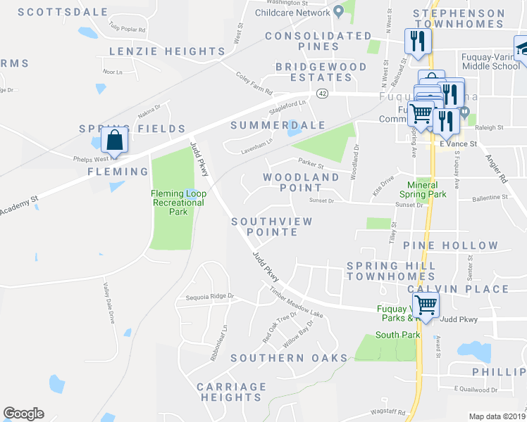 map of restaurants, bars, coffee shops, grocery stores, and more near 521 Smithridge Way in Fuquay-Varina