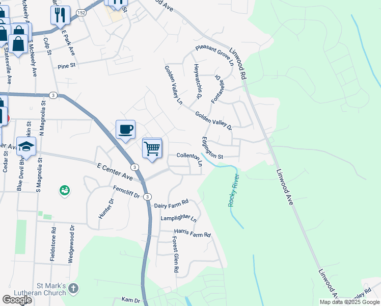 map of restaurants, bars, coffee shops, grocery stores, and more near 121 Collenton Lane in Mooresville