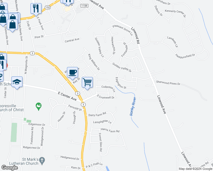 map of restaurants, bars, coffee shops, grocery stores, and more near 117 Collenton Lane in Mooresville