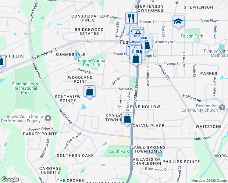 map of restaurants, bars, coffee shops, grocery stores, and more near 301 Sunset Drive in Fuquay-Varina