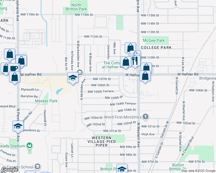 map of restaurants, bars, coffee shops, grocery stores, and more near 1300 Northwest 106th Street in Oklahoma City