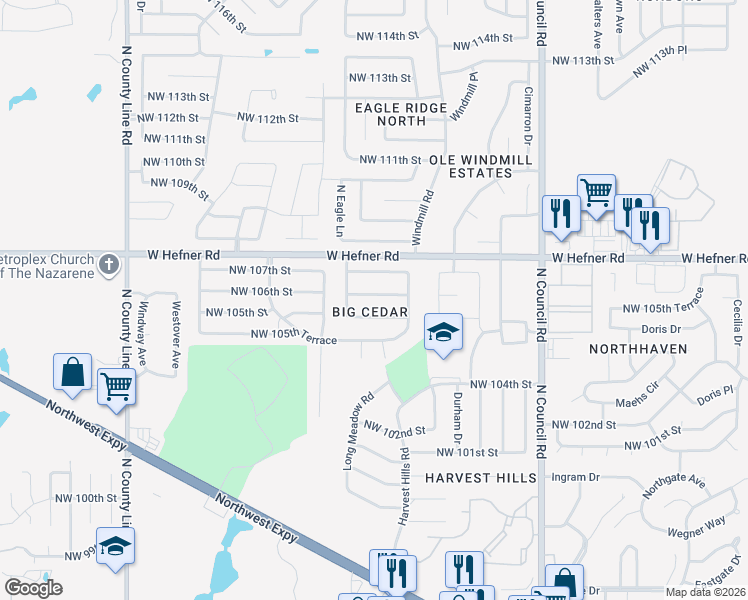 map of restaurants, bars, coffee shops, grocery stores, and more near 8320 Northwest 106th Street in Oklahoma City