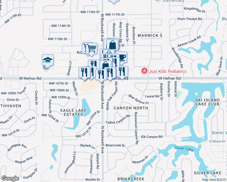 map of restaurants, bars, coffee shops, grocery stores, and more near 10705 White Oak Canyon Road in Oklahoma City