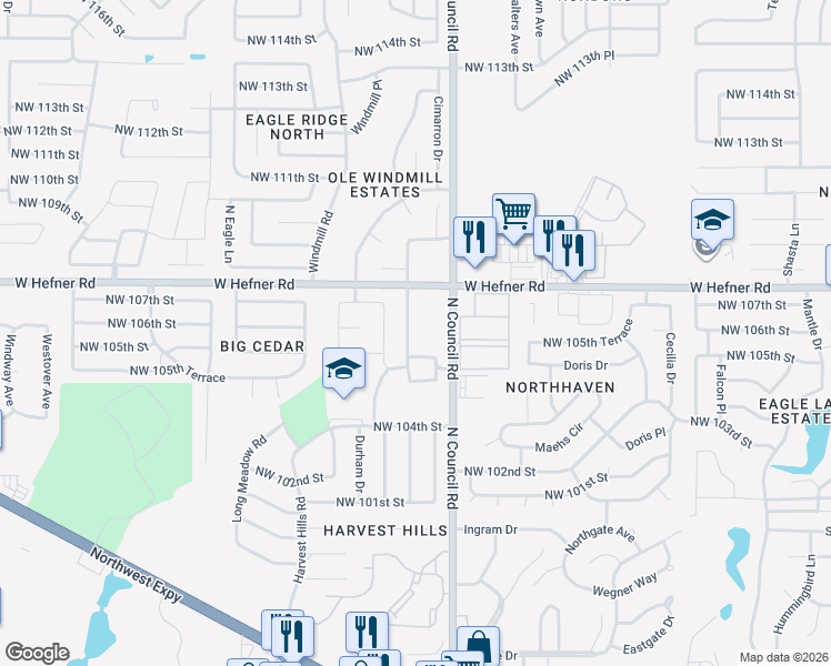 map of restaurants, bars, coffee shops, grocery stores, and more near 10805 N Council Rd in Oklahoma City