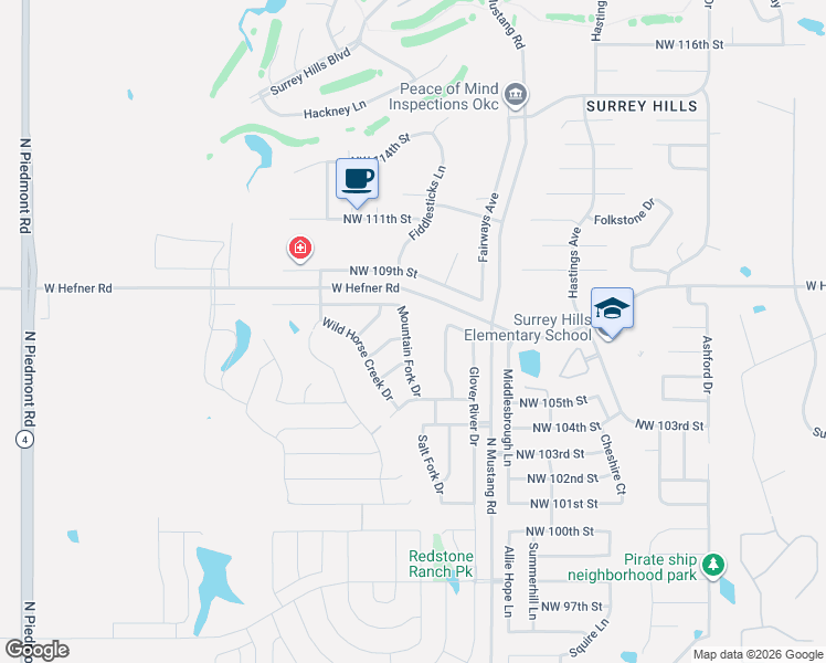 map of restaurants, bars, coffee shops, grocery stores, and more near 11505 Northwest 107th Street in Yukon