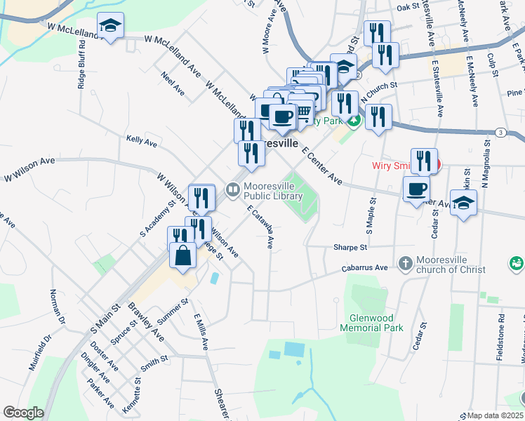 map of restaurants, bars, coffee shops, grocery stores, and more near 274 South Church Street in Mooresville