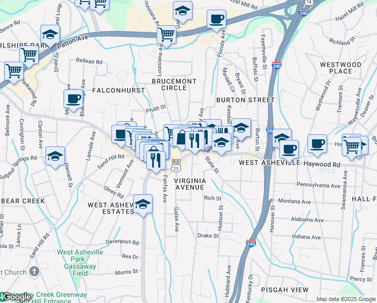 map of restaurants, bars, coffee shops, grocery stores, and more near 667 Haywood Road in Asheville
