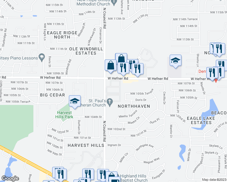 map of restaurants, bars, coffee shops, grocery stores, and more near 10716 North Council Road in Oklahoma City