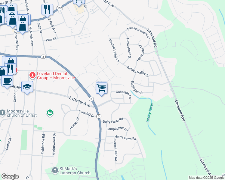 map of restaurants, bars, coffee shops, grocery stores, and more near 101 Collenton Lane in Mooresville