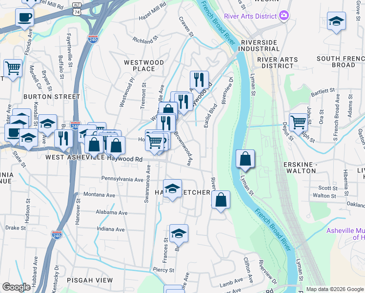 map of restaurants, bars, coffee shops, grocery stores, and more near 71 Brownwood Avenue in Asheville