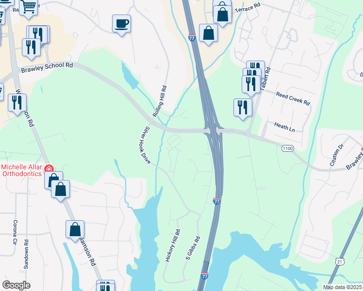 map of restaurants, bars, coffee shops, grocery stores, and more near 125 Forest Ridge Road in Mooresville