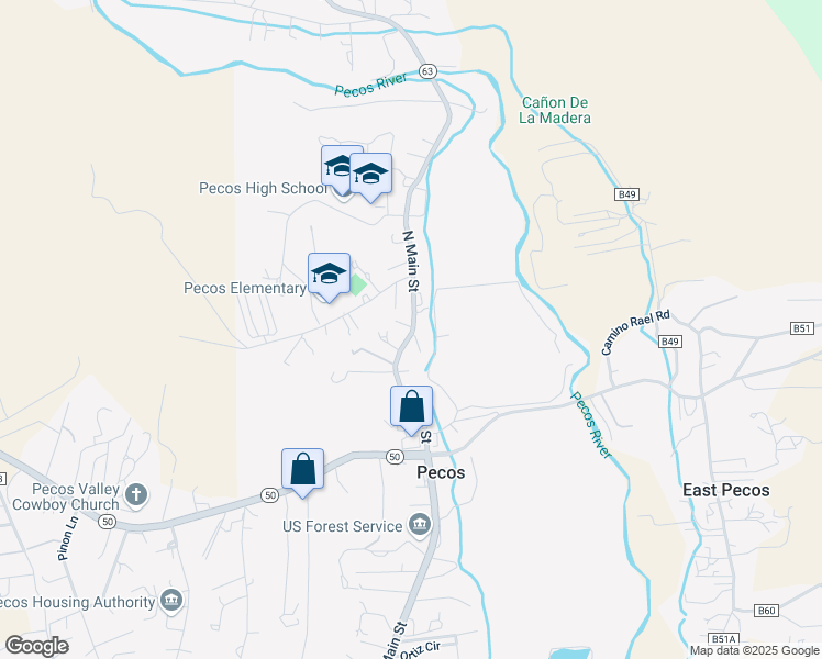 map of restaurants, bars, coffee shops, grocery stores, and more near 39 North Main Street in Pecos