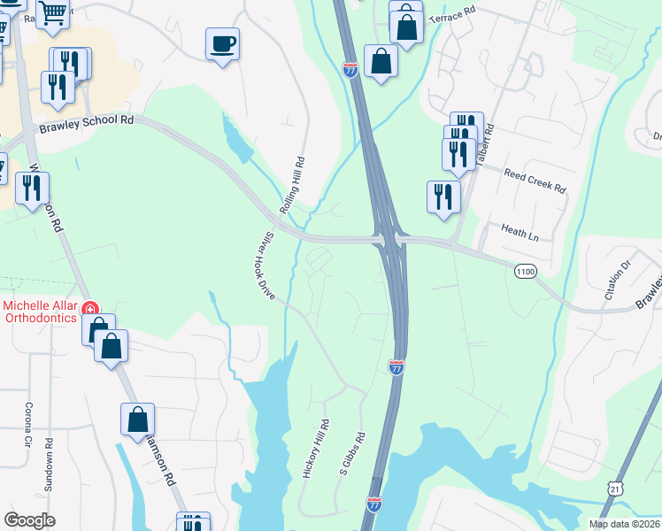 map of restaurants, bars, coffee shops, grocery stores, and more near 125 Forest Ridge Road in Mooresville