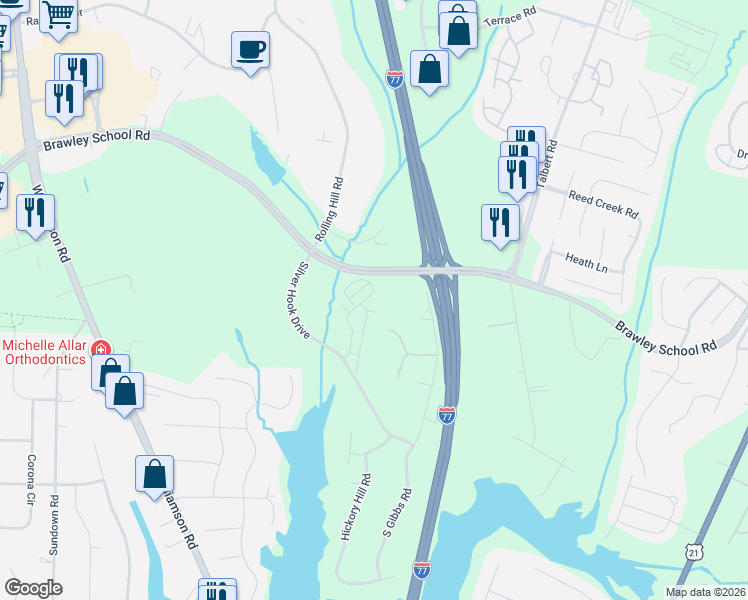map of restaurants, bars, coffee shops, grocery stores, and more near 125 Forest Ridge Road in Mooresville