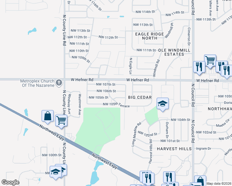map of restaurants, bars, coffee shops, grocery stores, and more near 8413 Northwest 105th Street in Oklahoma City