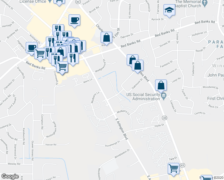 map of restaurants, bars, coffee shops, grocery stores, and more near 1109 Turtle Creek Drive in Greenville