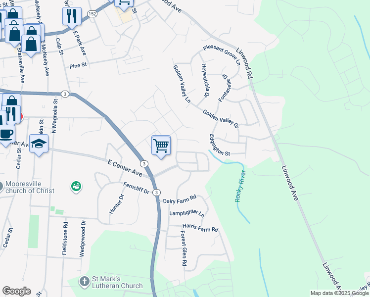 map of restaurants, bars, coffee shops, grocery stores, and more near 107 Collenton Lane in Mooresville