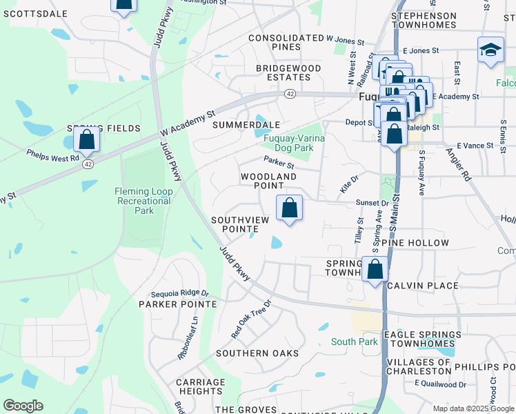 map of restaurants, bars, coffee shops, grocery stores, and more near 604 Hunters Ridge Drive in Fuquay-Varina