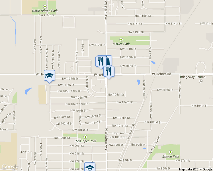 map of restaurants, bars, coffee shops, grocery stores, and more near 10659-10675 North Western Avenue in Oklahoma City