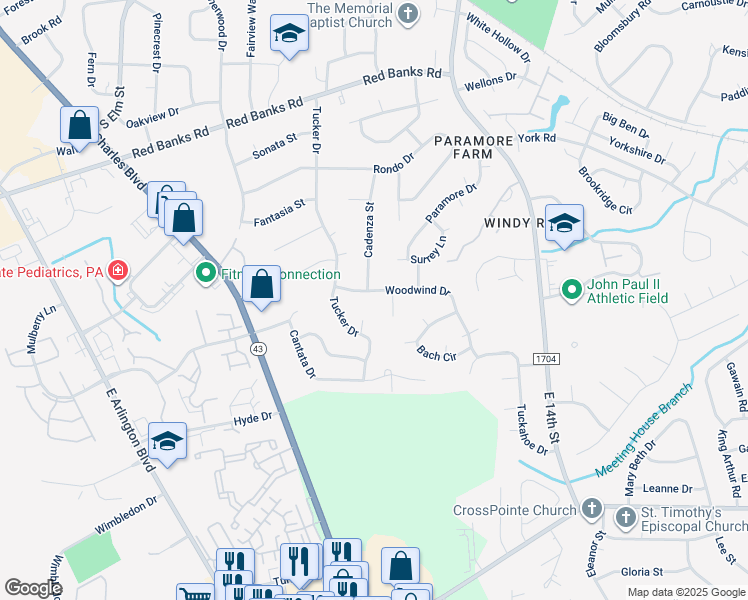map of restaurants, bars, coffee shops, grocery stores, and more near 1500 Woodwind Drive in Greenville