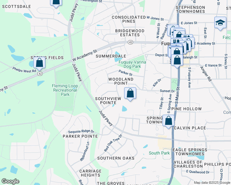 map of restaurants, bars, coffee shops, grocery stores, and more near 604 Hunters Ridge Drive in Fuquay-Varina