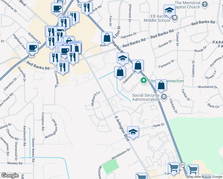 map of restaurants, bars, coffee shops, grocery stores, and more near 1109 Turtle Creek Road in Greenville