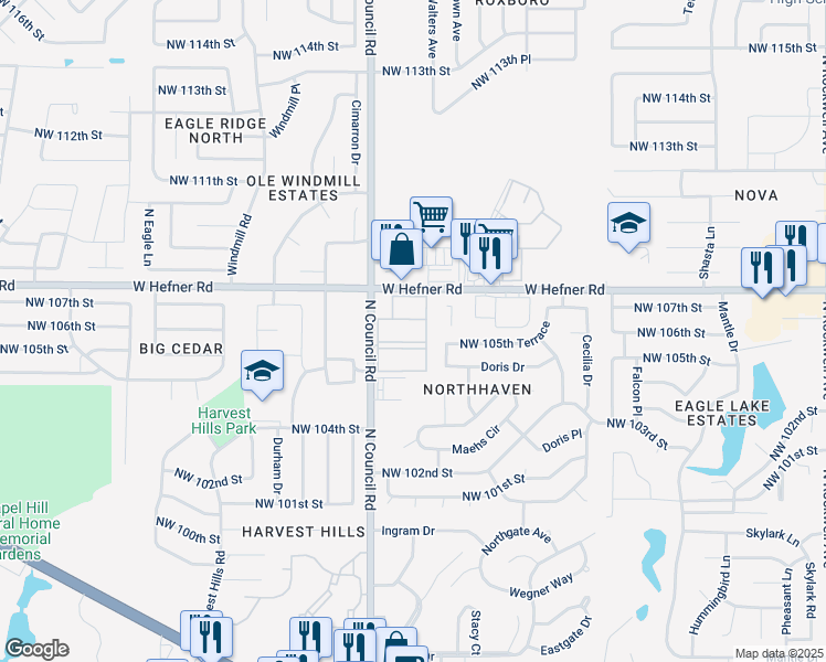 map of restaurants, bars, coffee shops, grocery stores, and more near 10716 North Council Road in Oklahoma City