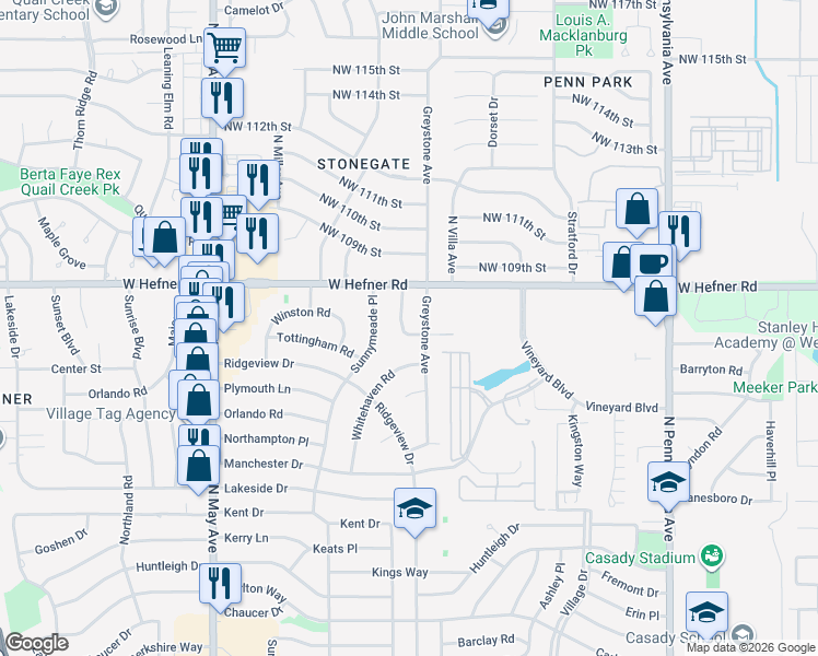 map of restaurants, bars, coffee shops, grocery stores, and more near 10805 North Utica Drive in The Village
