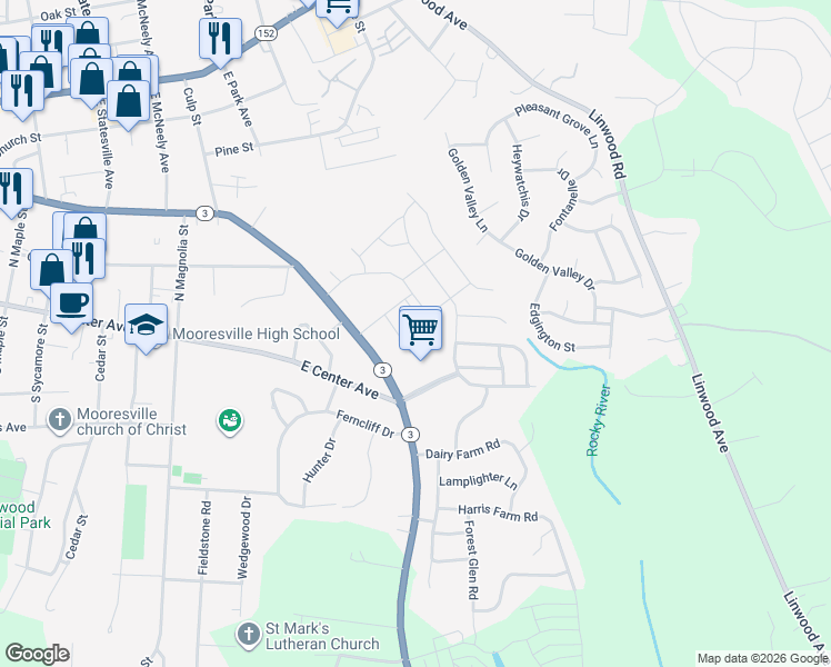 map of restaurants, bars, coffee shops, grocery stores, and more near 106 Southhampton Street in Mooresville