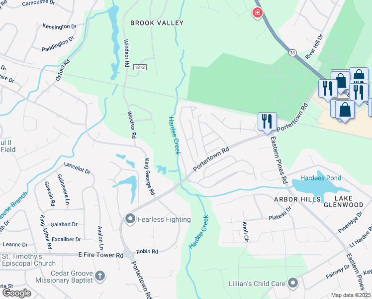 map of restaurants, bars, coffee shops, grocery stores, and more near 4212 Brook Creek Lane in Greenville