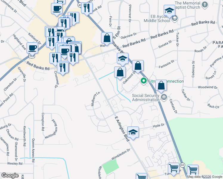 map of restaurants, bars, coffee shops, grocery stores, and more near 1105 Turtle Creek Road in Greenville