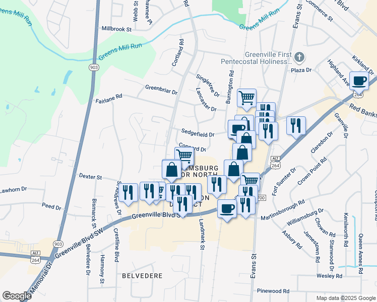map of restaurants, bars, coffee shops, grocery stores, and more near 114 Concord Drive in Greenville