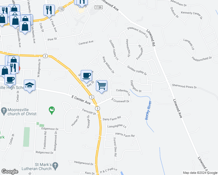 map of restaurants, bars, coffee shops, grocery stores, and more near 119 North Cromwell Drive in Mooresville