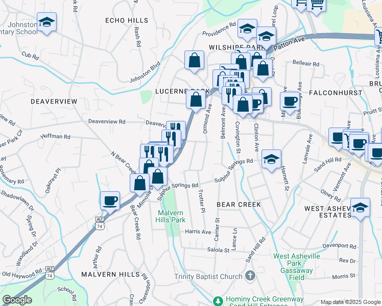 map of restaurants, bars, coffee shops, grocery stores, and more near 21 Princeton Drive in Asheville