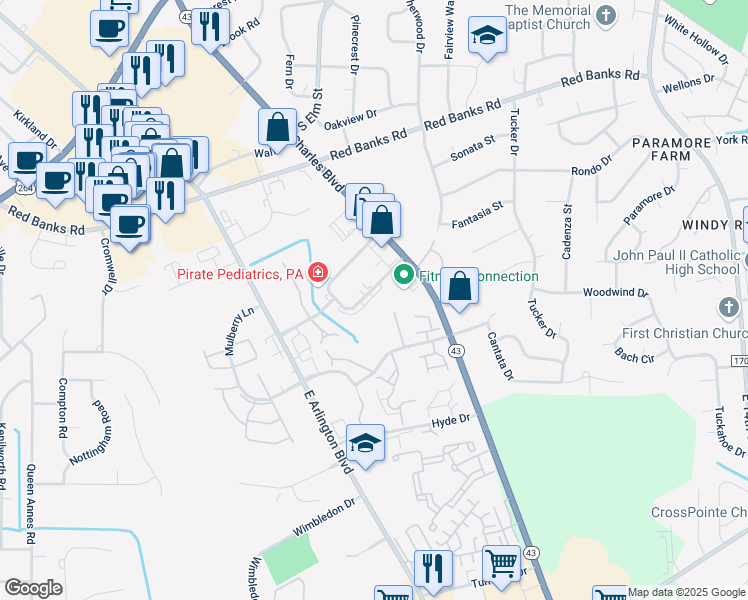 map of restaurants, bars, coffee shops, grocery stores, and more near 132 Oakmont Drive in Greenville