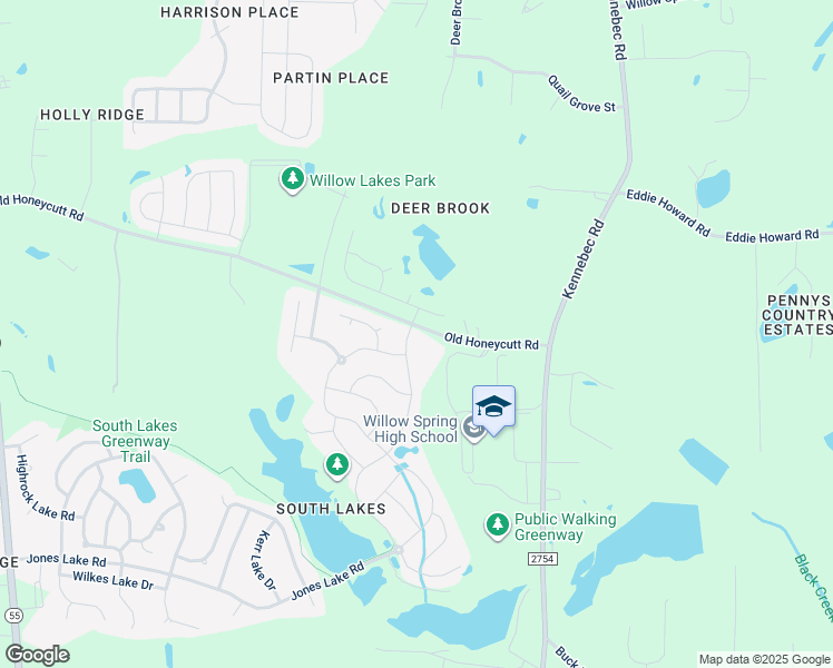 map of restaurants, bars, coffee shops, grocery stores, and more near 305 Long Lake Drive in Fuquay-Varina