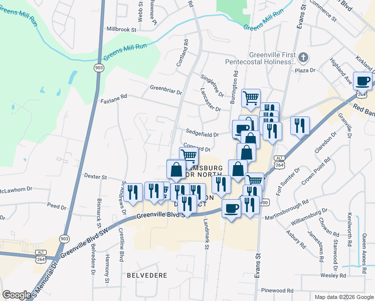 map of restaurants, bars, coffee shops, grocery stores, and more near 114 Concord Drive in Greenville