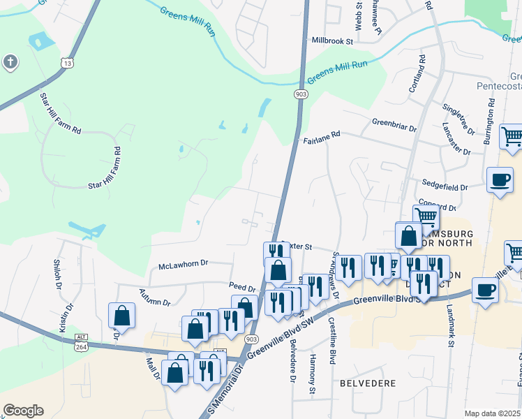 map of restaurants, bars, coffee shops, grocery stores, and more near 3004 Clubway Drive in Greenville