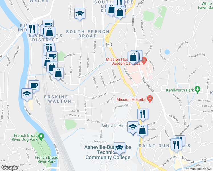 map of restaurants, bars, coffee shops, grocery stores, and more near 70 Congress Street in Asheville