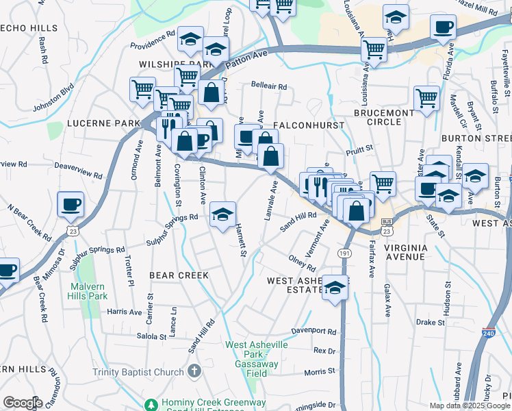 map of restaurants, bars, coffee shops, grocery stores, and more near 99999 Lanvale Avenue in Asheville